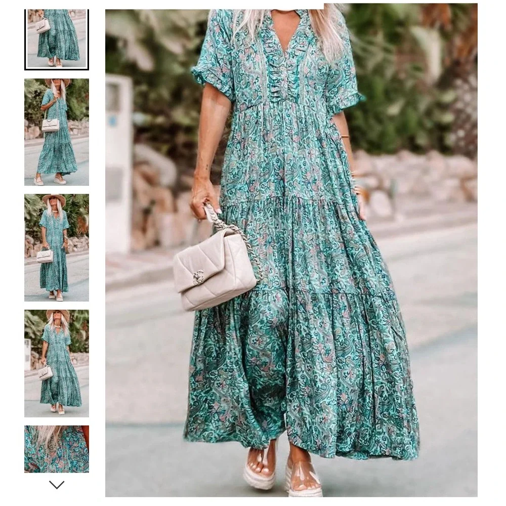 Paisley Tiered Peasant Maxi Dress Turquoise‎ Peach Ruffle V-Neck Whimsigoth Boho